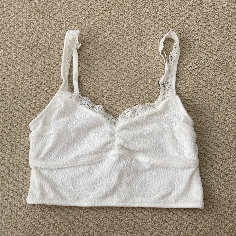 Gilly Hicks Long Line Bralette Bra White Lacy Soft XS Small Basics Lace VEUC